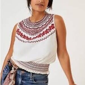 Tiny by Anthropology Embroidered Smocked Waist Tank Top Floral Boho S